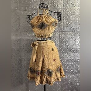 Rare vintage bohemian hippie embroidered halter top skirt co ord set statement